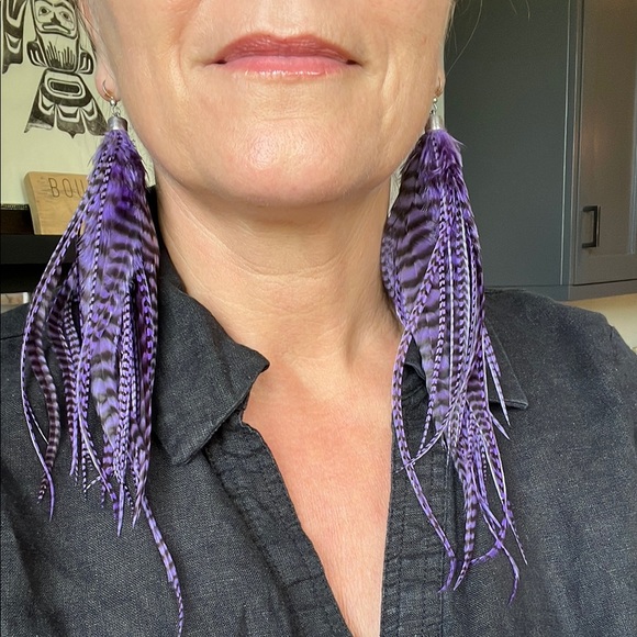 Hand crafted Purple Pheasant Feather Earrings Festival Bohemian Burning Man - Picture 3 of 6